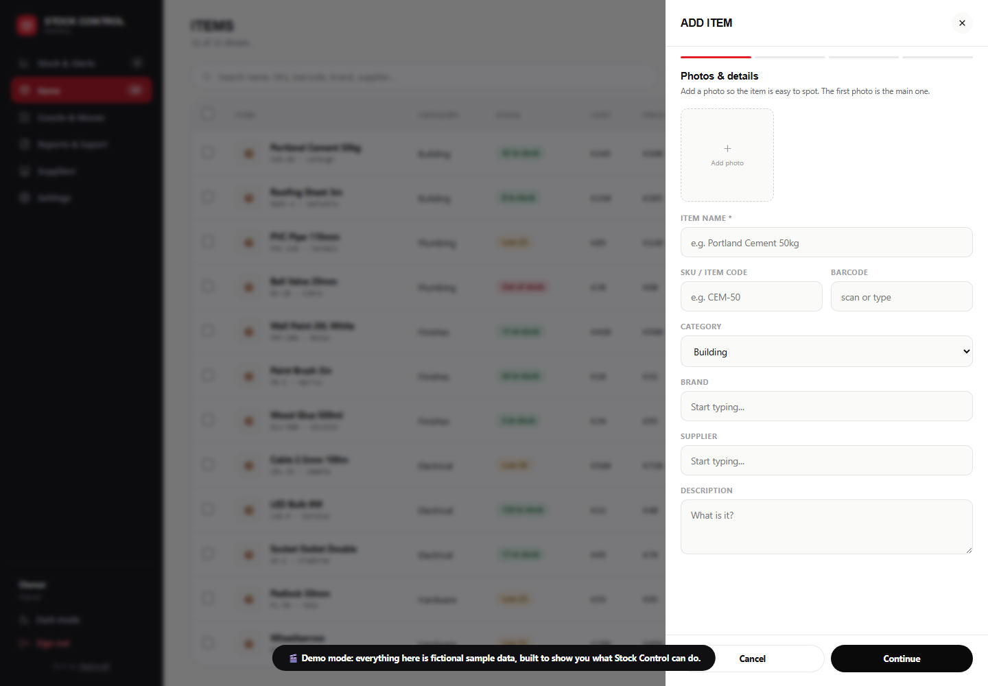 The add-item form at step one of four, showing the photo slot, item name, SKU, barcode, category, brand and supplier fields