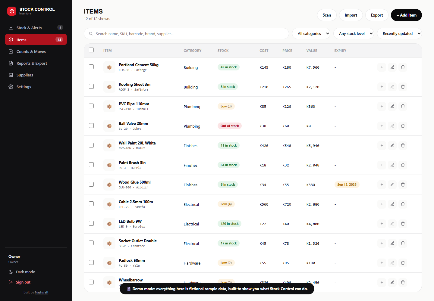 The item list, showing category, cost, price, value, stock badges and expiry columns for every item